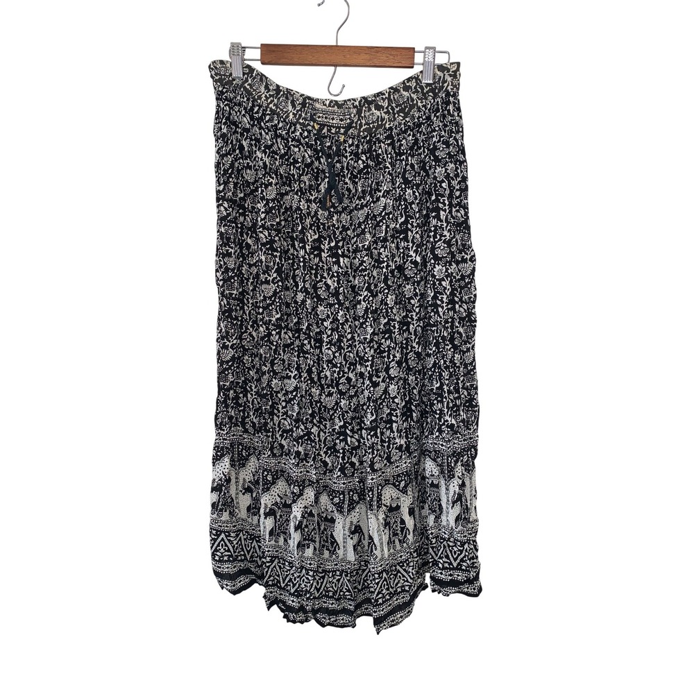 Black‎ and White Elephant Floral Print Boho Maxi Skirt Drawstring Waist